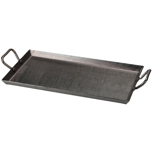 Rectangular outdoor griddle crafted from 12 gauge seasoned steel with sturdy riveted handles, designed for grilling and camping; ideal for Farm, Garden & Tool, Stoves, Camping, Grilling, Best Sellers, Promo Eligible collections.