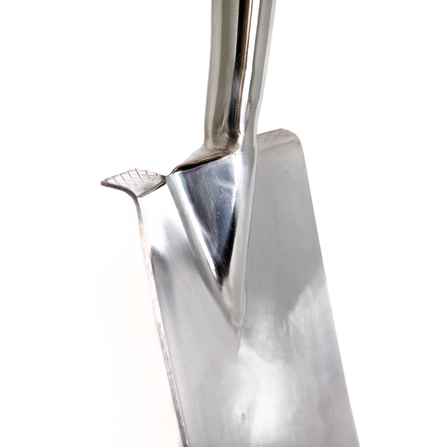 Close-up of a handcrafted stainless steel digging spade blade with a treaded edge and polished finish, ideal for heavy-duty soil turning in Farm, Garden & Tool and Digging and Cultivating collections.