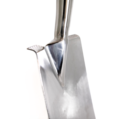 Close-up of a handcrafted stainless steel digging spade blade with a treaded edge and polished finish, ideal for heavy-duty soil turning in Farm, Garden & Tool and Digging and Cultivating collections.