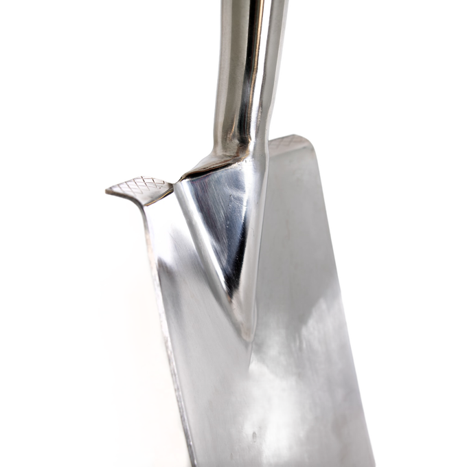 Close-up of a handcrafted stainless steel digging spade blade with a treaded edge and polished finish, ideal for heavy-duty soil turning in Farm, Garden & Tool and Digging and Cultivating collections.