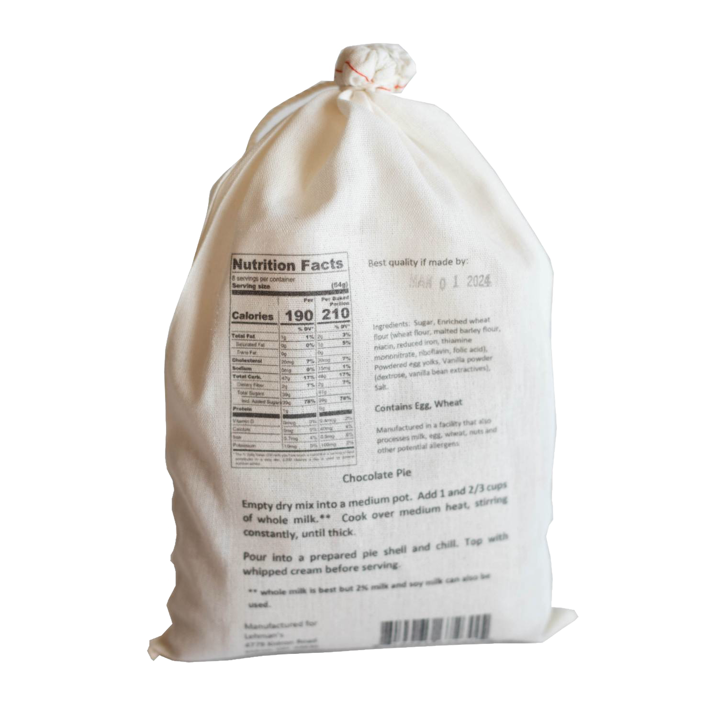Cloth drawstring bag of handcrafted Amish pie filling mix with nutritional information and simple preparation instructions, ideal for Kitchen & Food, Dry Goods and Mixes, and Best Sellers collections.