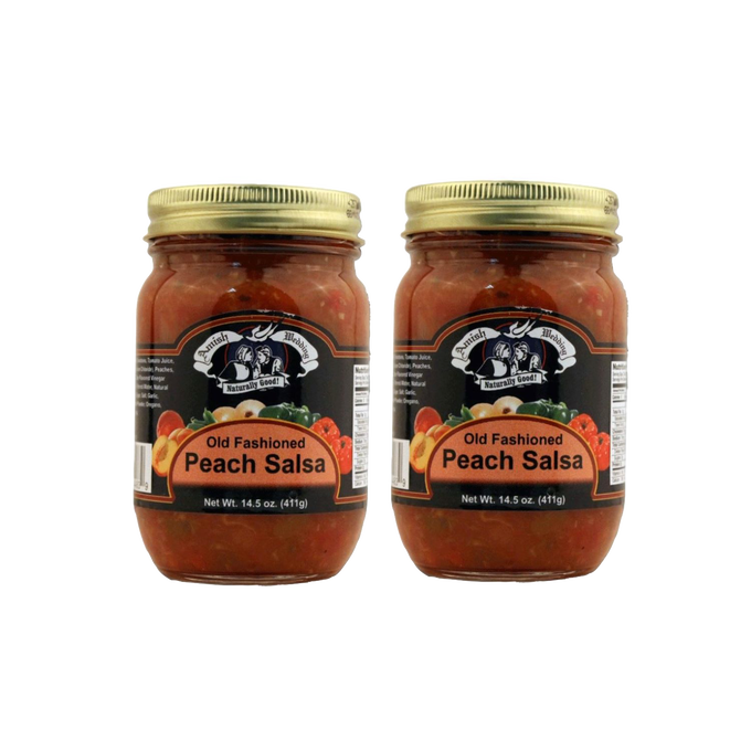Two handcrafted jars of kettle-cooked peach salsa with thick, chunky texture, made in USA, ideal for Kitchen & Food, Pantry, Snacks and Sweets, USA Made, and Best Sellers collections.