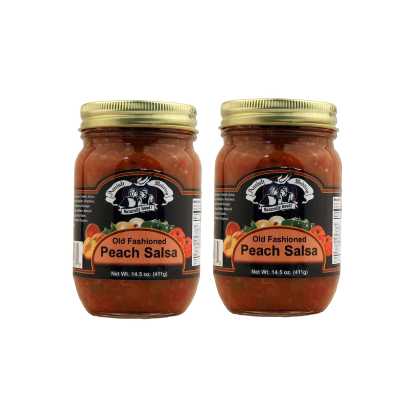Two handcrafted jars of kettle-cooked peach salsa with thick, chunky texture, made in USA, ideal for Kitchen & Food, Pantry, Snacks and Sweets, USA Made, and Best Sellers collections.