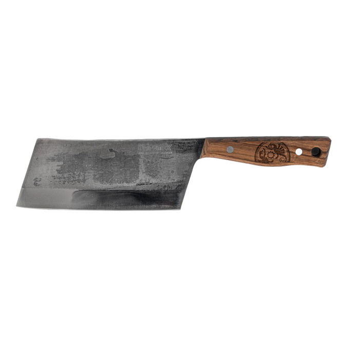 Handcrafted cleaver knife with a hardened steel blade and ergonomic wooden handle engraved with a rustic design, ideal for butchering and outdoor kitchen use.