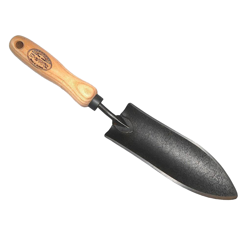 Forged transplant trowel with narrow hammered steel blade and smooth wooden handle featuring maker’s mark, ideal for precise planting tasks in Farm, Garden & Tool and Digging and Cultivating collections.