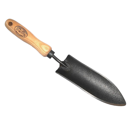 Forged transplant trowel with narrow hammered steel blade and smooth wooden handle featuring maker’s mark, ideal for precise planting tasks in Farm, Garden & Tool and Digging and Cultivating collections.