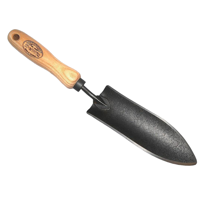 Forged transplant trowel with narrow hammered steel blade and smooth wooden handle featuring maker’s mark, ideal for precise planting tasks in Farm, Garden & Tool and Digging and Cultivating collections.