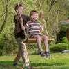 Two boys enjoying outdoor play with a handcrafted wooden rectangle swing made in USA, perfect for children's toys, lawn games, and family fun in fresh air.