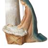 Handcrafted resin figurine of a serene woman in a blue veil kneeling beside a baby in a manger, detailed and simple, ideal for Home & Decor, Holiday Decor, Best Sellers, and Promo Eligible collections.