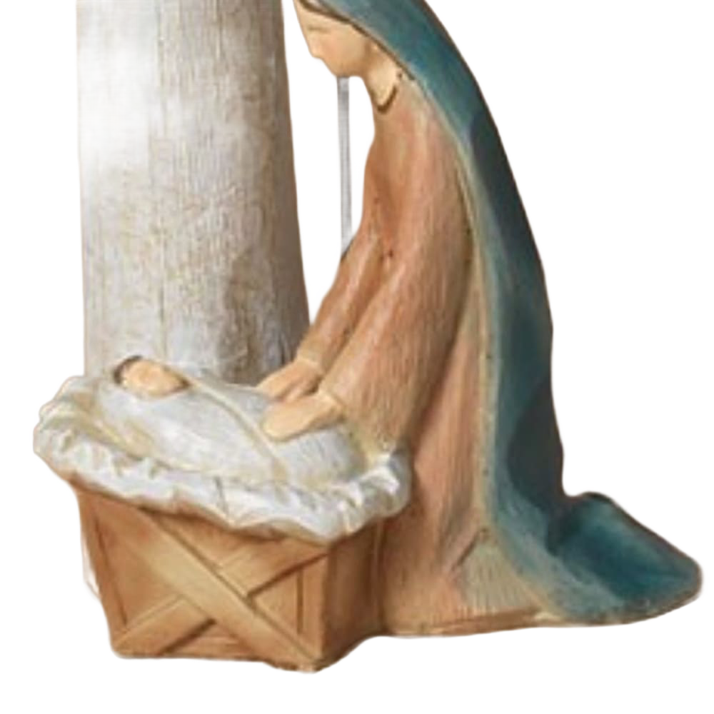 Handcrafted resin figurine of a serene woman in a blue veil kneeling beside a baby in a manger, detailed and simple, ideal for Home & Decor, Holiday Decor, Best Sellers, and Promo Eligible collections.