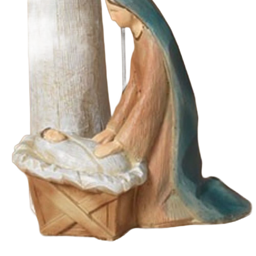 Handcrafted resin figurine of a serene woman in a blue veil kneeling beside a baby in a manger, detailed and simple, ideal for Home & Decor, Holiday Decor, Best Sellers, and Promo Eligible collections.