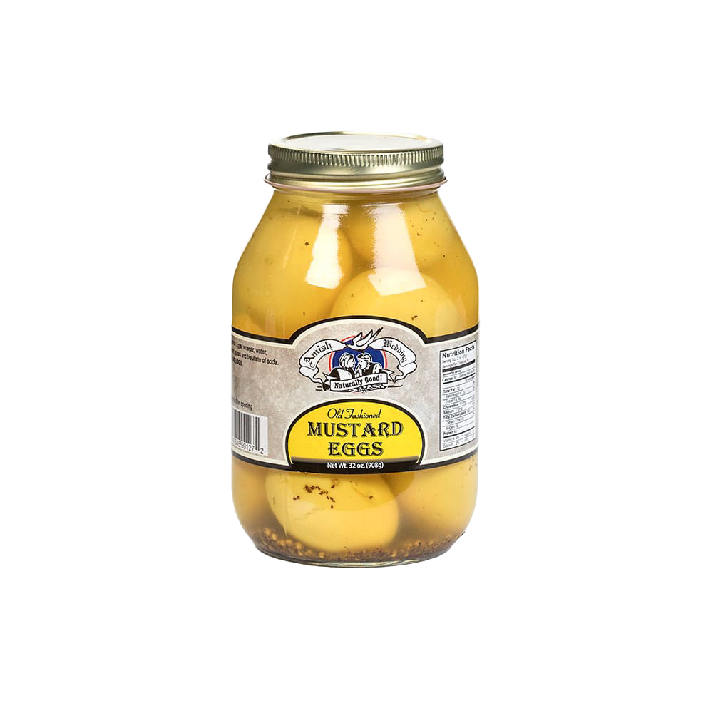 Glass jar of handcrafted mustard marinated eggs in clear brine with metal lid, made in USA, ideal for Kitchen & Food, Food, Pantry, Best Sellers, and Promo Eligible collections.