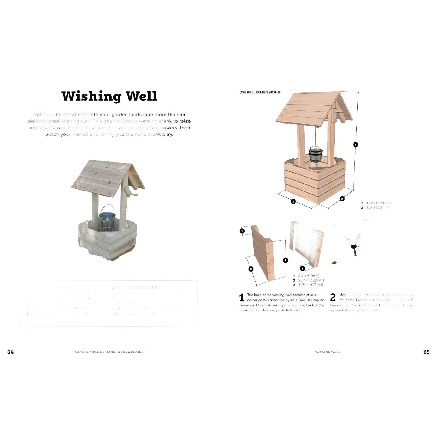Illustration of a wooden wishing well project with labeled parts and step-by-step assembly instructions, featured in a home and garden how-to book from the Toys, Books & Games collection.