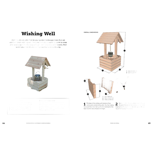 Illustration of a wooden wishing well project with labeled parts and step-by-step assembly instructions, featured in a home and garden how-to book from the Toys, Books & Games collection.