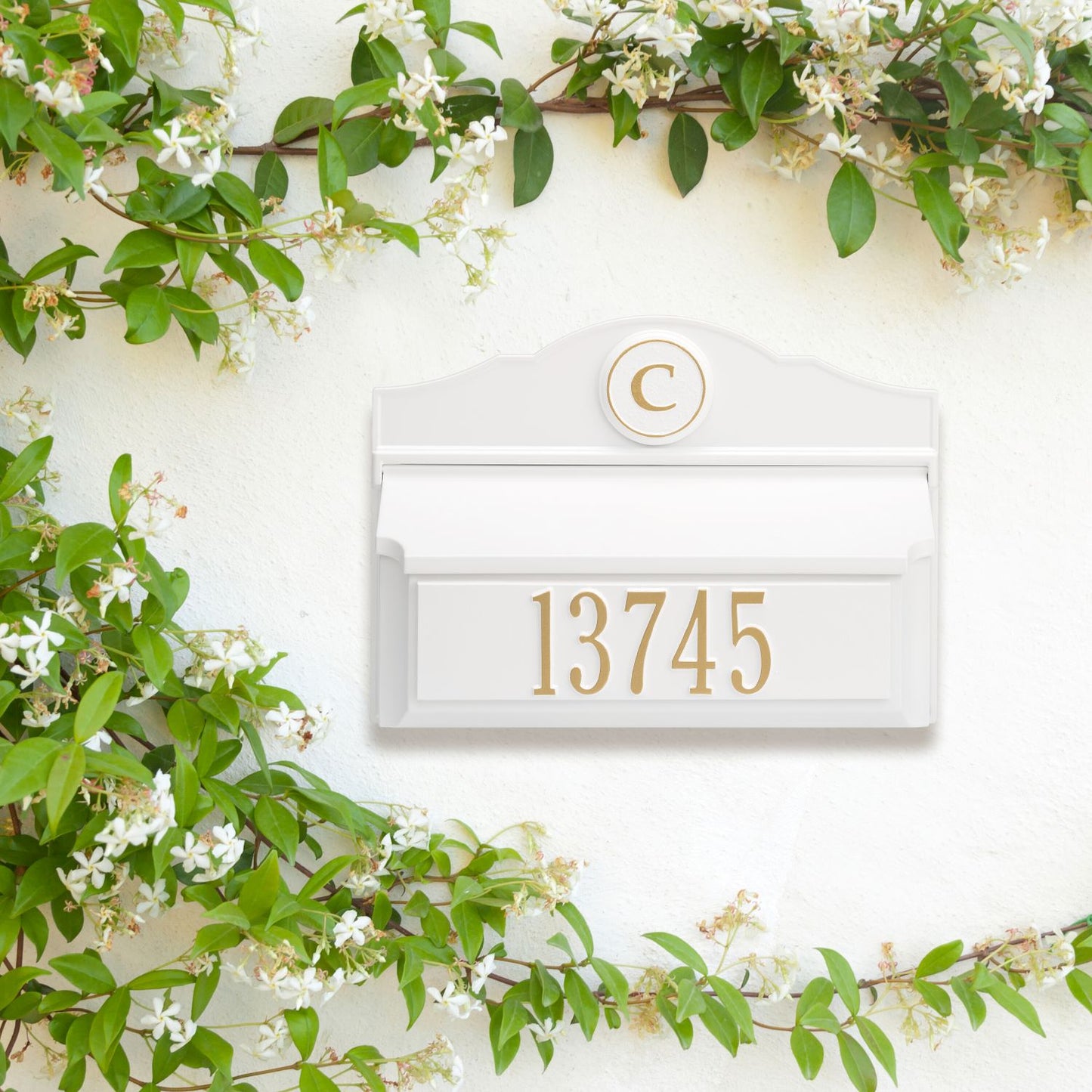Handcrafted white wall mount mailbox with gold monogram and house number, made in USA, enhancing curb appeal for Home & Decor, Mailboxes and Address Signs collections.