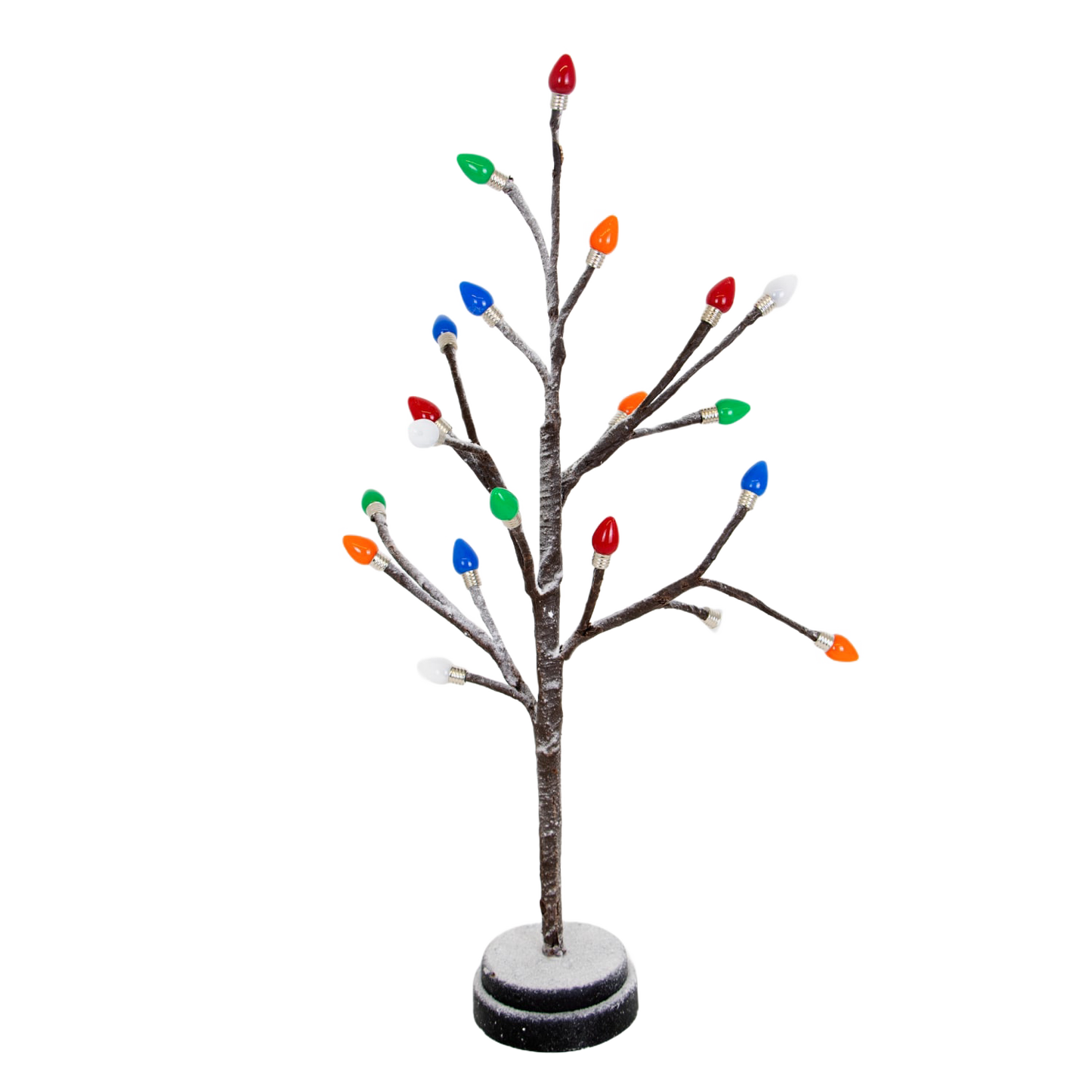 Lighted holiday tree with snow-dusted branches and colorful bulb caps on a round base, battery operated and perfect for Home & Decor, Holiday Decor, Best Sellers, Promo Eligible collections.