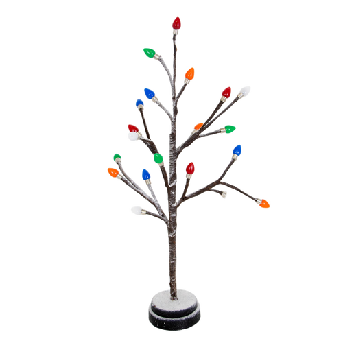 Lighted holiday tree with snow-dusted branches and colorful bulb caps on a round base, battery operated and perfect for Home & Decor, Holiday Decor, Best Sellers, Promo Eligible collections.