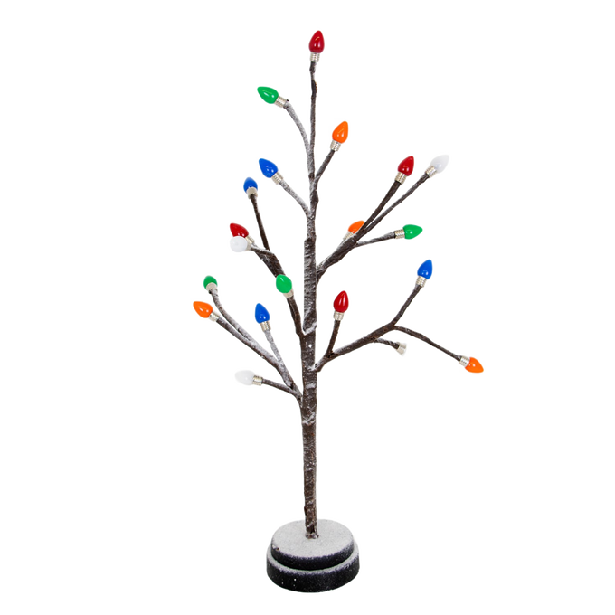 Lighted holiday tree with snow-dusted branches and colorful bulb caps on a round base, battery operated and perfect for Home & Decor, Holiday Decor, Best Sellers, Promo Eligible collections.