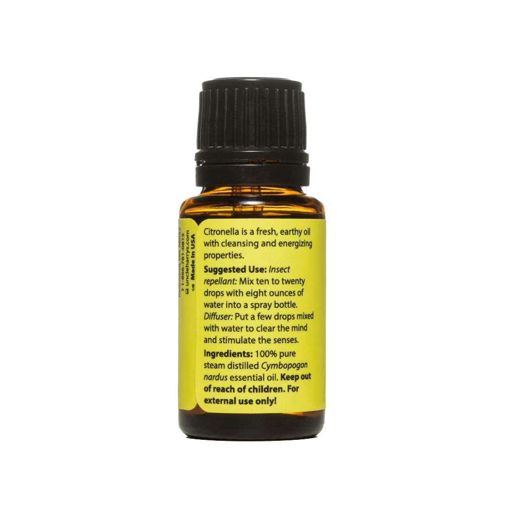 Amber glass bottle of handcrafted citronella essential oil with black cap and yellow label describing uses and ingredients, made in USA for Health & Wellness, Soapmaking, and Candlemaking collections.