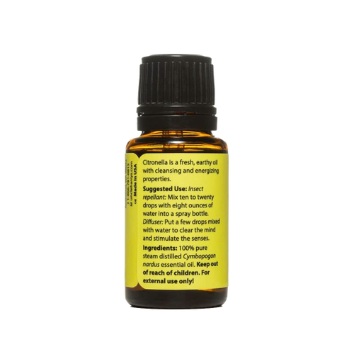 Amber glass bottle of handcrafted citronella essential oil with black cap and yellow label describing uses and ingredients, made in USA for Health & Wellness, Soapmaking, and Candlemaking collections.