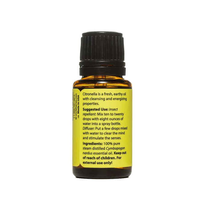 Amber glass bottle of handcrafted citronella essential oil with black cap and yellow label describing uses and ingredients, made in USA for Health & Wellness, Soapmaking, and Candlemaking collections.