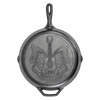 12-inch cast iron skillet featuring a detailed butterfly and guitar design with "Dolly" inscription, handcrafted in the USA, ideal for Kitchen & Food, Cast Iron, Cookware, Best Sellers, and Promo Eligible collections.