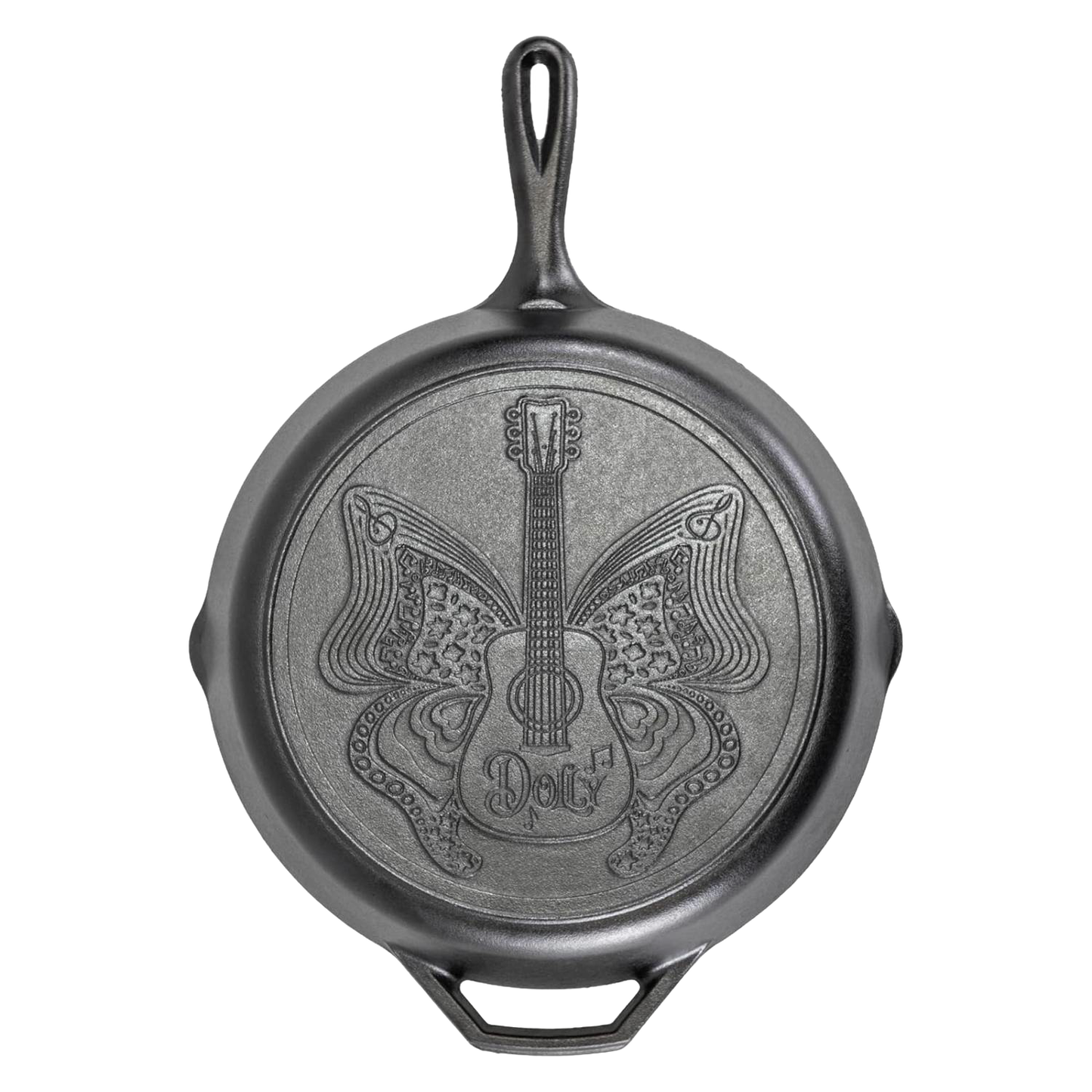 12-inch cast iron skillet featuring a detailed butterfly and guitar design with "Dolly" inscription, handcrafted in the USA, ideal for Kitchen & Food, Cast Iron, Cookware, Best Sellers, and Promo Eligible collections.