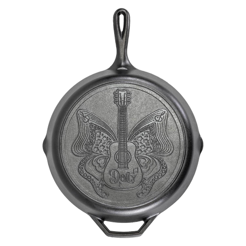 12-inch cast iron skillet featuring a detailed butterfly and guitar design with "Dolly" inscription, handcrafted in the USA, ideal for Kitchen & Food, Cast Iron, Cookware, Best Sellers, and Promo Eligible collections.