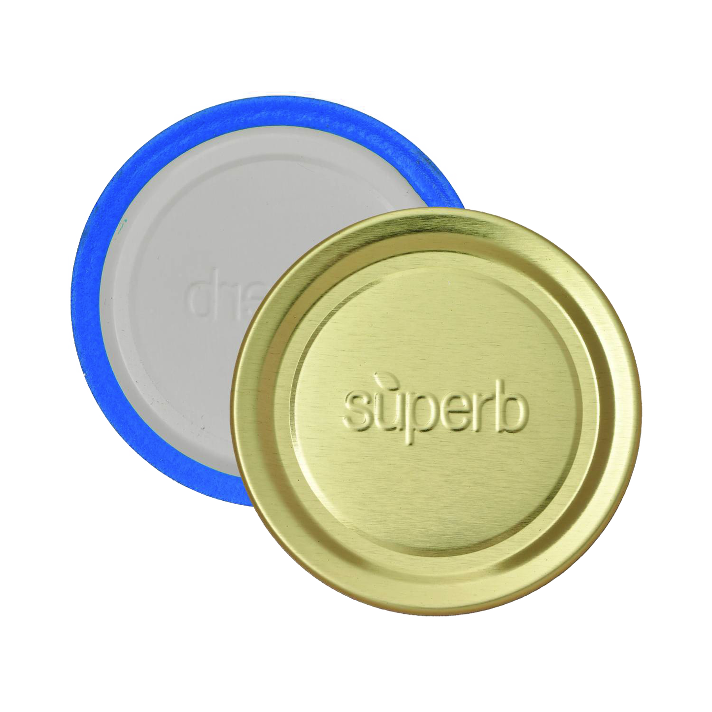Pair of sturdy gold-tone canning jar lids with blue sealing bands, embossed with superb, crafted in USA for Kitchen & Food, Food Preservation, and Canning collections.