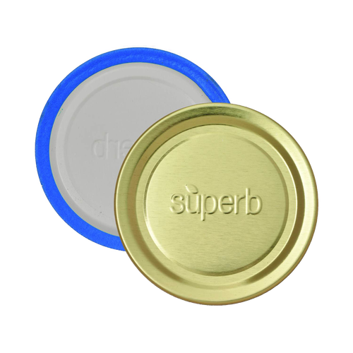 Pair of sturdy gold-tone canning jar lids with blue sealing bands, embossed with superb, crafted in USA for Kitchen & Food, Food Preservation, and Canning collections.