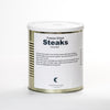 Cylindrical metal can with a white label reading "Freeze Dried Steaks Uncooked," featuring rehydration instructions, representing a long-lasting, USA-made emergency food item in Kitchen & Food and Emergency Supplies collections.