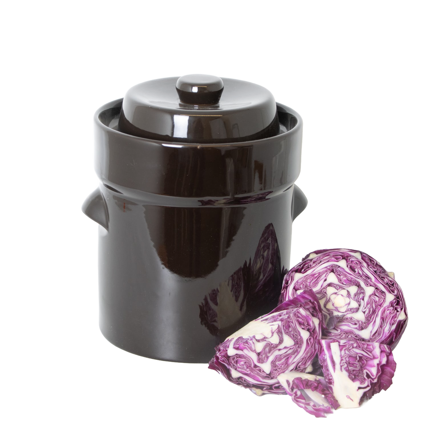 Handcrafted dark brown fermenting crock with lid and matching stomper alongside fresh sliced purple cabbage, perfect for Kitchen & Food, Food Preservation, Fermenting and Pickling, Best Sellers, and Promo Eligible collections.
