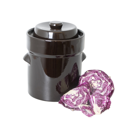 Handcrafted dark brown fermenting crock with lid and matching stomper alongside fresh sliced purple cabbage, perfect for Kitchen & Food, Food Preservation, Fermenting and Pickling, Best Sellers, and Promo Eligible collections.
