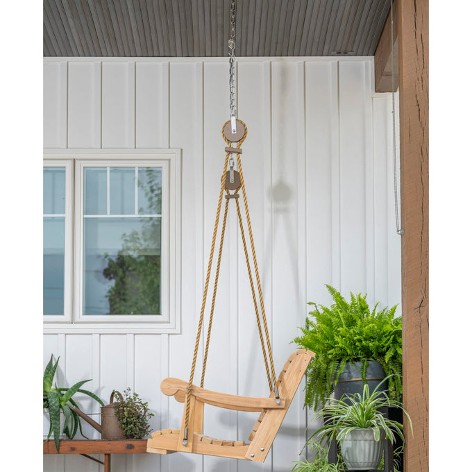 Handcrafted porch swing rope kit with metal pulleys and chain, designed for smooth, quiet swinging, featured in Home & Decor, Outdoor Furniture, USA Made, Best Sellers, Promo Eligible collections.