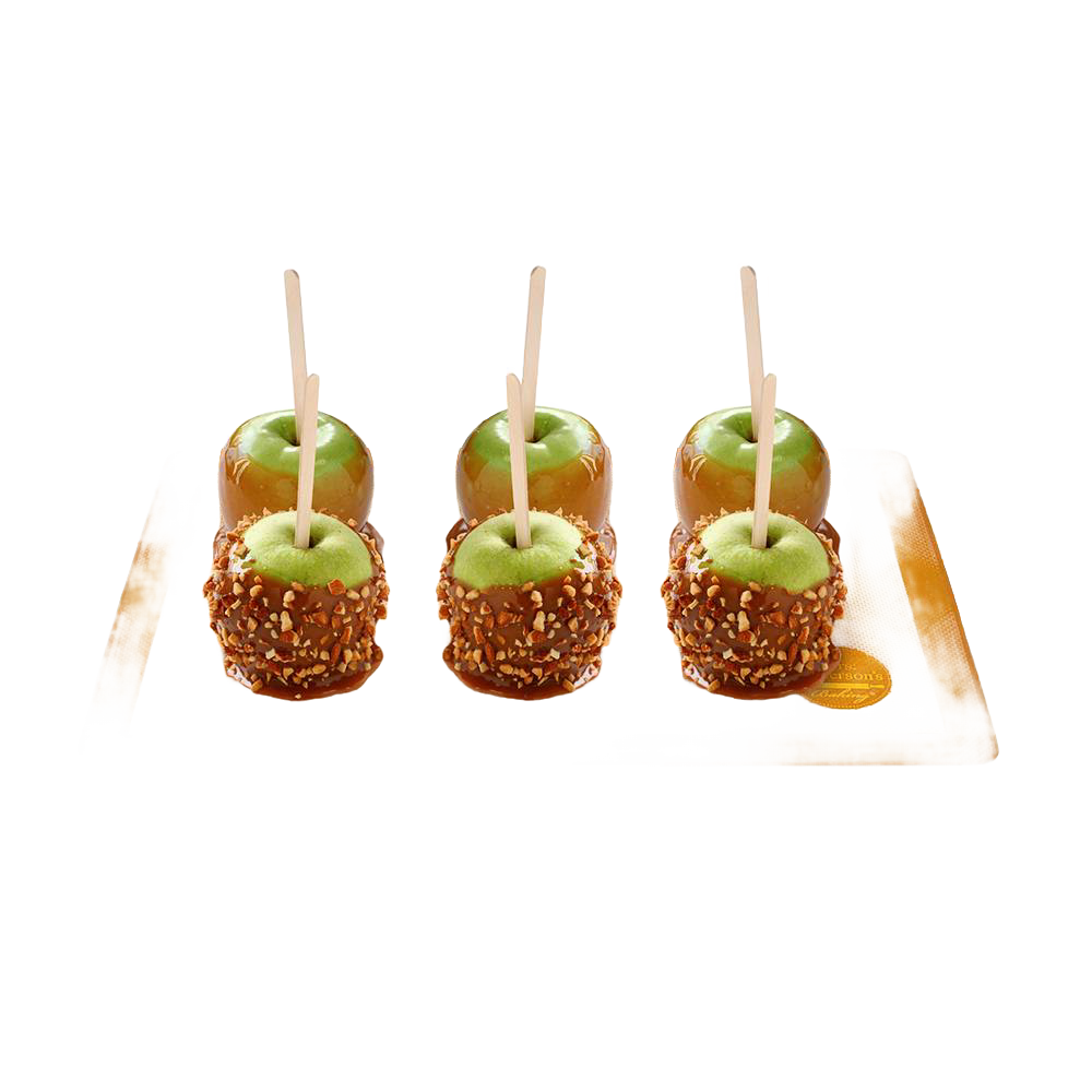 Set of two commercial-grade orange silicone half-size baking mats with woven glass fibers, displaying six caramel apples, ideal for Kitchen & Food, Cookware, Baking Supplies, and Best Sellers collections.