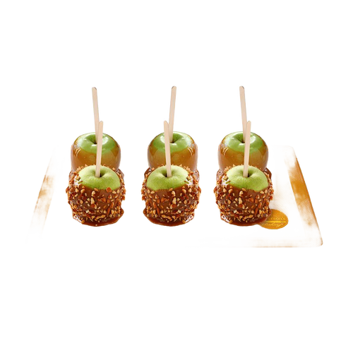 Set of two commercial-grade orange silicone half-size baking mats with woven glass fibers, displaying six caramel apples, ideal for Kitchen & Food, Cookware, Baking Supplies, and Best Sellers collections.