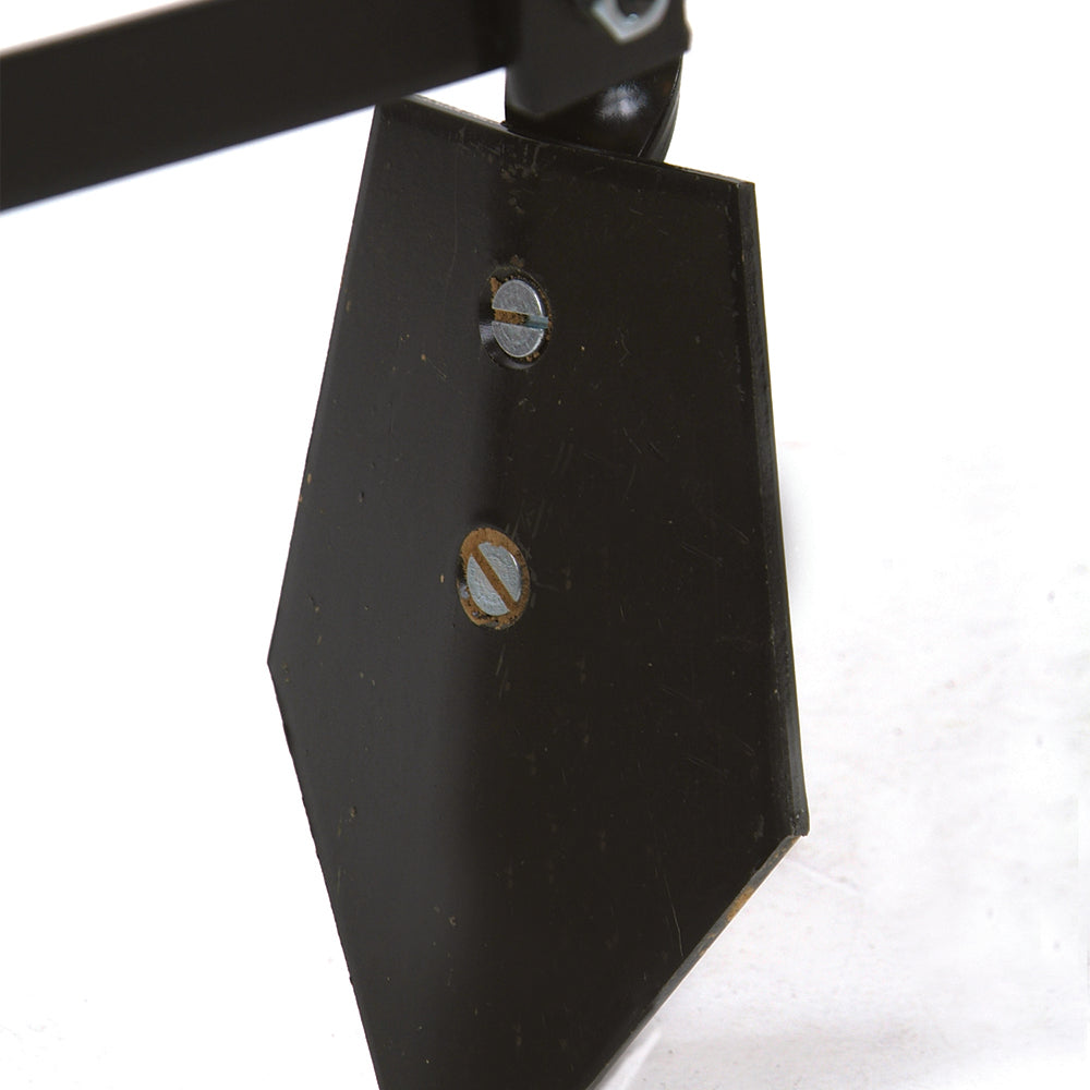 Close-up of a solid steel blade attached with adjustable screws, part of a handcrafted Amish-made cultivator designed for efficient digging and cultivating, made in USA.