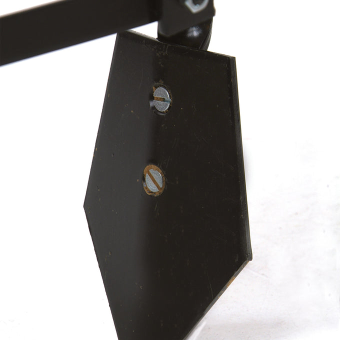 Close-up of a solid steel blade attached with adjustable screws, part of a handcrafted Amish-made cultivator designed for efficient digging and cultivating, made in USA.