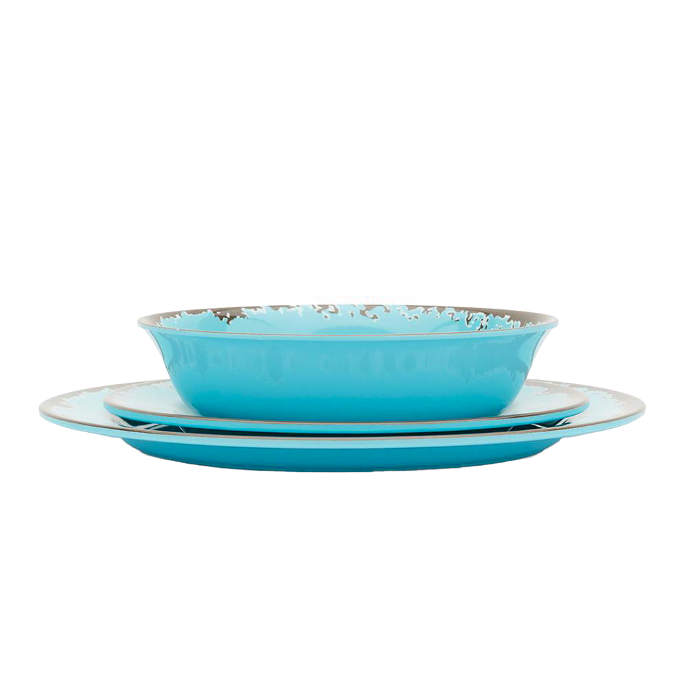 Three-piece rustic turquoise melamine dinnerware set including a shallow bowl, salad plate, and dinner plate with distressed edges, perfect for Kitchen & Food, Storage and Serving, Best Sellers, and Promo Eligible collections.
