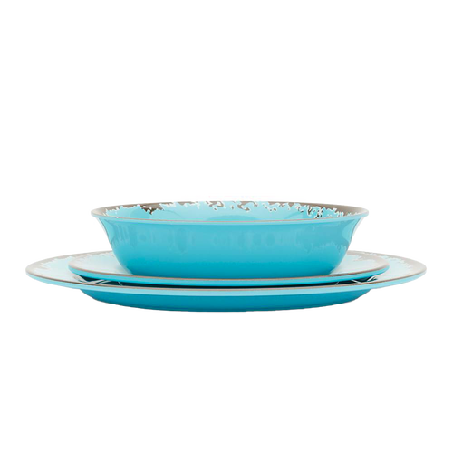 Three-piece rustic turquoise melamine dinnerware set including a shallow bowl, salad plate, and dinner plate with distressed edges, perfect for Kitchen & Food, Storage and Serving, Best Sellers, and Promo Eligible collections.