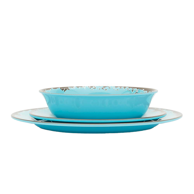 Three-piece rustic turquoise melamine dinnerware set including a shallow bowl, salad plate, and dinner plate with distressed edges, perfect for Kitchen & Food, Storage and Serving, Best Sellers, and Promo Eligible collections.