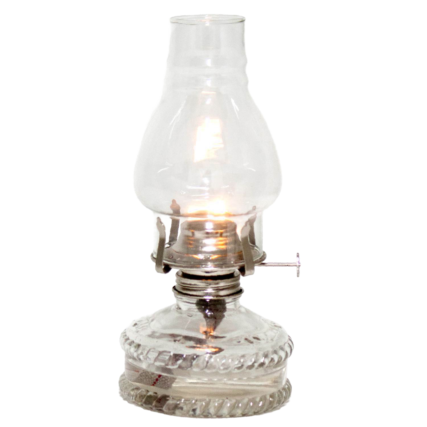Clear glass oil lamp with a bright flame, featuring a decorative base and standard burner, ideal for emergency lighting and farm, garden, and tool use.