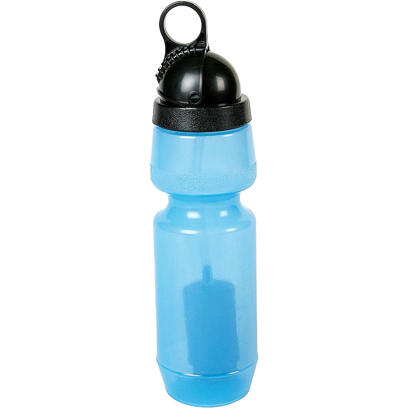 Durable 22 oz blue water bottle made from BPA-free medical-grade polymer with built-in filter and black carrying lid, suitable for camping, emergency supplies, and outdoor use.
