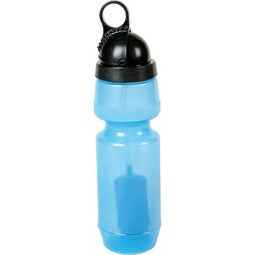 Durable 22 oz blue water bottle made from BPA-free medical-grade polymer with built-in filter and black carrying lid, suitable for camping, emergency supplies, and outdoor use.