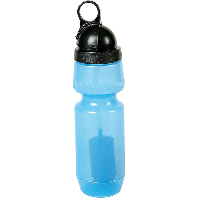 Durable 22 oz blue water bottle made from BPA-free medical-grade polymer with built-in filter and black carrying lid, suitable for camping, emergency supplies, and outdoor use.