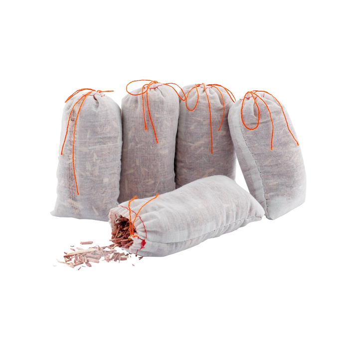 Set of five natural red cedar sachets in breathable fabric bags with orange ties, handcrafted for chemical-free moth protection, suitable for closets and drawers in Home & Decor and Clothing collections.
