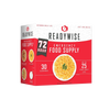 Box of ReadyWise emergency food supply with images of prepared meals on the side, highlighting 72-hour servings, 30 servings total, and up to 25 years shelf life, featured in emergency supplies, pantry, freeze dried, and USA made collections.