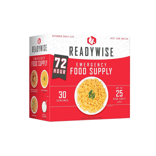 Box of ReadyWise emergency food supply with images of prepared meals on the side, highlighting 72-hour servings, 30 servings total, and up to 25 years shelf life, featured in emergency supplies, pantry, freeze dried, and USA made collections.