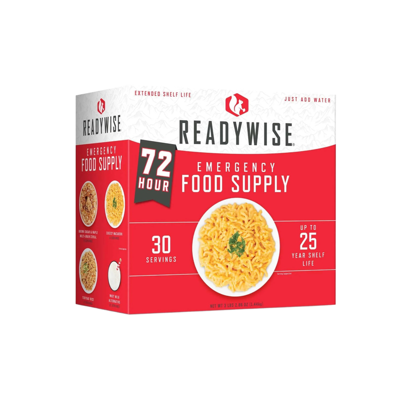 Box of ReadyWise emergency food supply with images of prepared meals on the side, highlighting 72-hour servings, 30 servings total, and up to 25 years shelf life, featured in emergency supplies, pantry, freeze dried, and USA made collections.