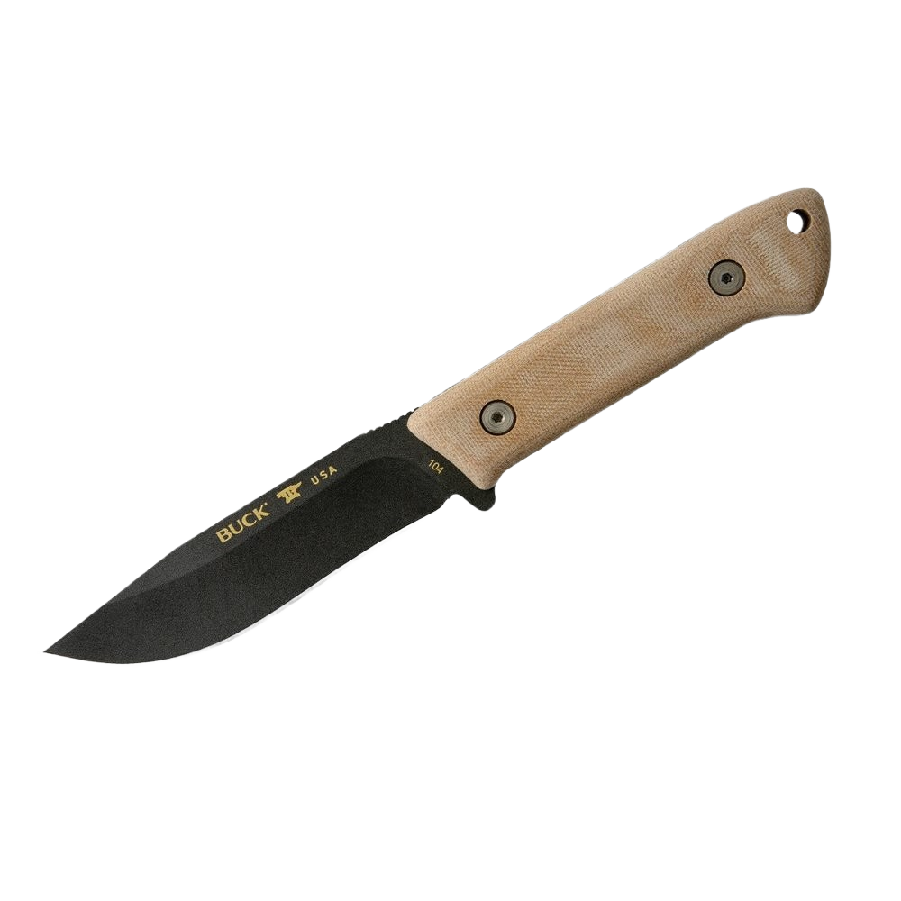 Fixed blade camping knife with a 4-1/2 inch Cerakoted drop point blade and tan textured handle, handcrafted in USA for Farm, Garden & Tool, Camping, and Knives & Axes collections.